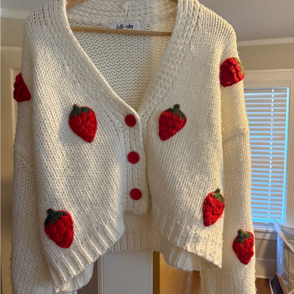 Chic Ruby White Cardigan with Red Strawberry Accents